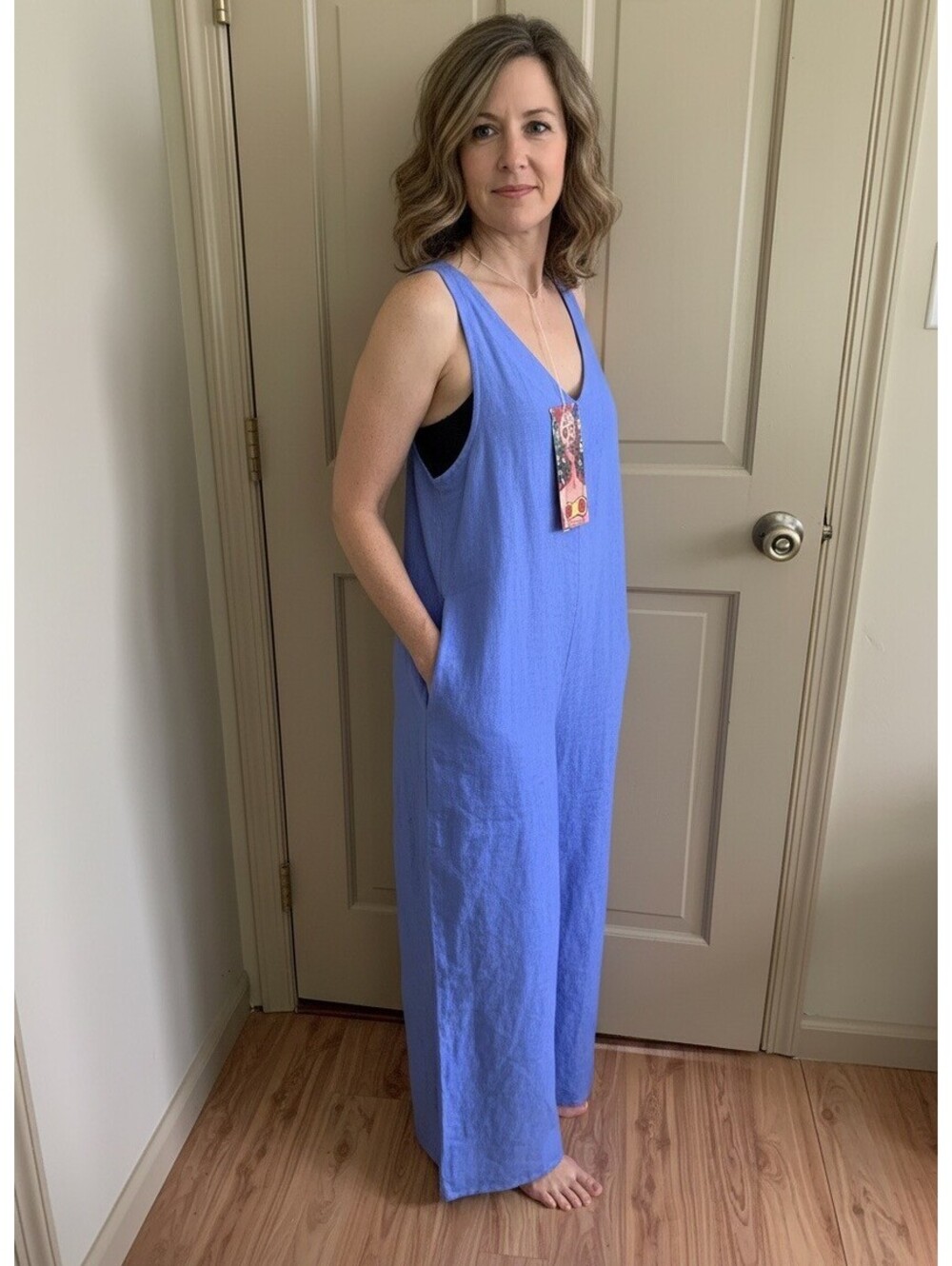 NWT Colette Bright Blue 100% Linen Jumpsuit OSFA PROBABLY 10-12